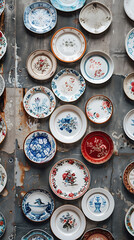 Macro shot of a collection of decorative plates on a dining room wall, scandinavian style interior