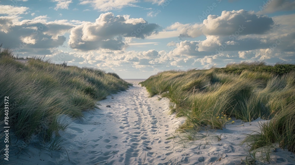 Poster a sandy path leading to the ocean on a cloudy day. suitable for travel and nature concepts