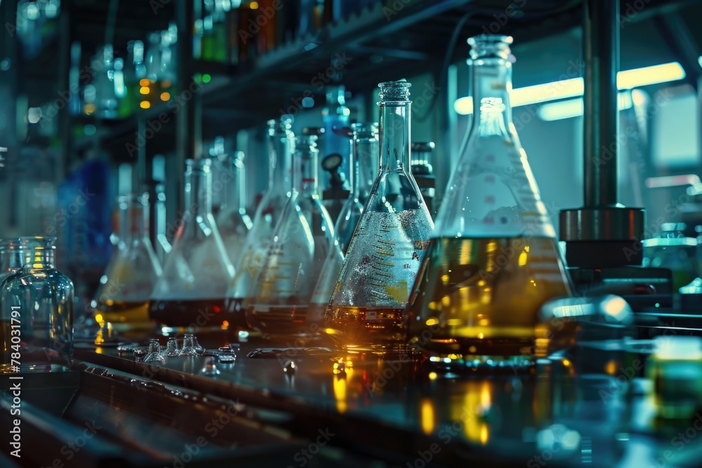 Poster glass flasks lined up on a counter, suitable for laboratory or scientific concepts