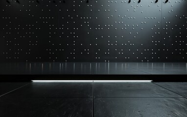 a platform background on a dark black floor with black panels with white dots