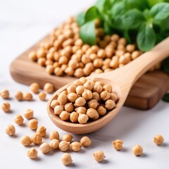 Chickpeas in a wooden spoon,close-up