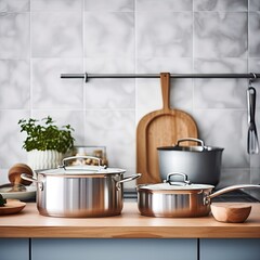 Kitchen utensils on the wooden table top, blurred background, close up