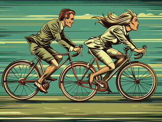 Stylized illustration of a couple in business casual attire riding a tandem bicycle on Cycle to Work Day