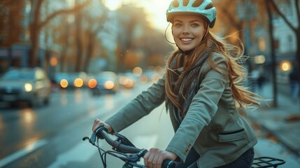 woman in a helmet rides a green electric bicycle