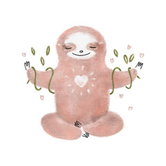 Pink sloth meditating in lotus position. Funny animals oil painting. Cute sloth hand drawn illustration - 784032186