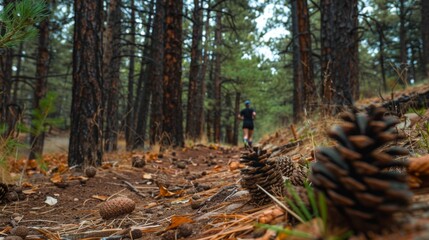 Runner navigating a trail strewn with pinecones and fallen needles in a dense pine forest - obrazy, fototapety, plakaty