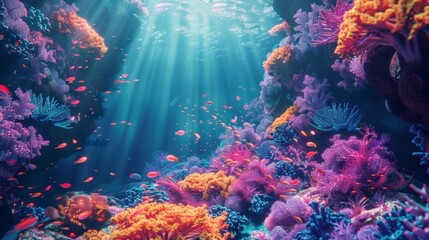 Surreal underwater scene, coral reefs in psychedelic colors - obrazy, fototapety, plakaty