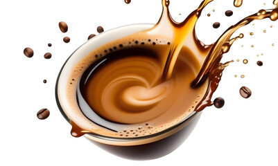 A brown liquid pours into a cup, creating a splash against a white background. This enticing