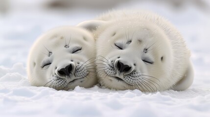 Obraz premium Two white seal pups resting atop one another on a snow-covered ground