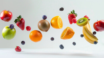 
várias frutas minimalistas flutuando no ar isoladas, fundo branco, espaço de cópia - obrazy, fototapety, plakaty