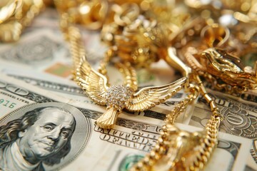 Stack of money with gold eagle symbol on top, suitable for financial concepts
