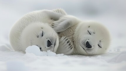 Fototapeta premium Two white polar bears resting side by side on a snow-covered ground