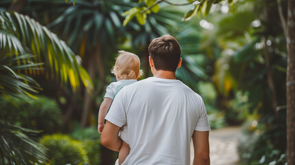 father's day. A man strolls along a tropical pathway carrying his blonde-haired baby son in his arms. father and son duo, both wearing white shirts, are captured from back.