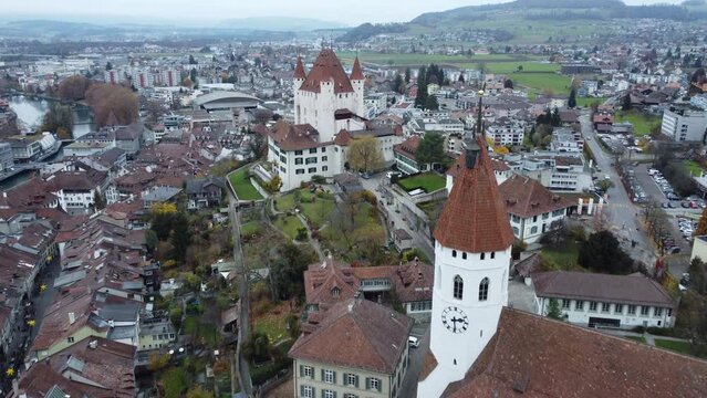 Drone shot for Thun Castle, city of Thun, Interlaken, Switzerland