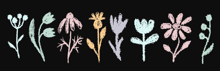 A set of children's, primitive doodles, chalk drawings of flowers. Vector graphics.