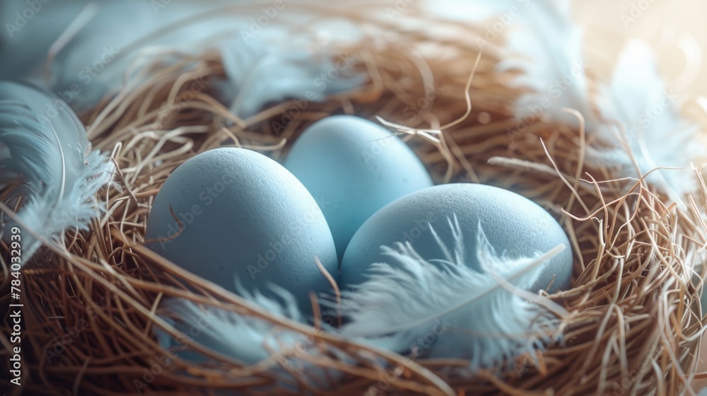Poster three blue eggs in a nest with feathers. suitable for nature and easter themes