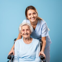 Nursing care of an elderly woman, blue background, close up, copy space