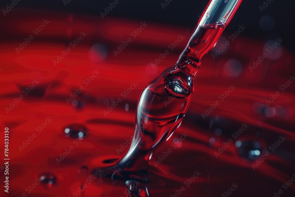 Poster A close up of a liquid drop with a red background. Ideal for science or nature concepts