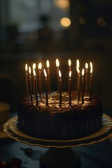 A delicious chocolate cake with lit candles, perfect for celebrations