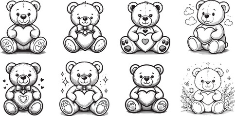 plush bear with heart vector set