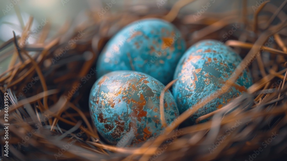 Poster Three blue eggs in a nest with brown grass. Suitable for spring and nature concepts