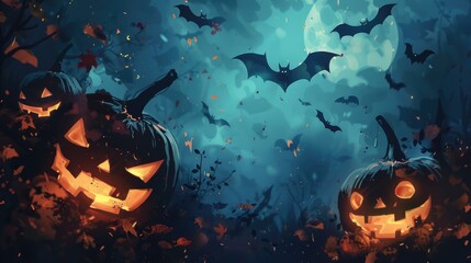 Two Halloween pumpkins with bats in the background. Perfect for Halloween themed designs - obrazy, fototapety, plakaty
