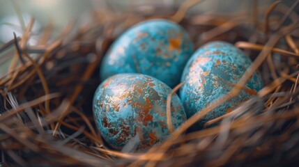 Three blue eggs in a nest with brown grass. Suitable for spring and nature concepts