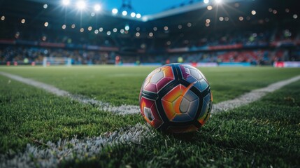 Match Day: Soccer Ball on the Field - Close-up of a soccer ball on the green pitch of a stadium,...