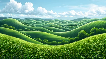 Foto op Aluminium A drawing Field of lush grass on gentle slopes. Pasturage, grassland, pommel, lea, alkali, lye, and meadow. Grassy grassland in a rural landscape view. illustration. © Katerina