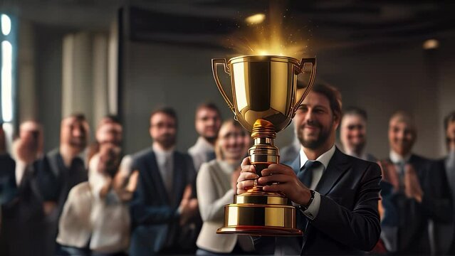 office worker holding a trophy