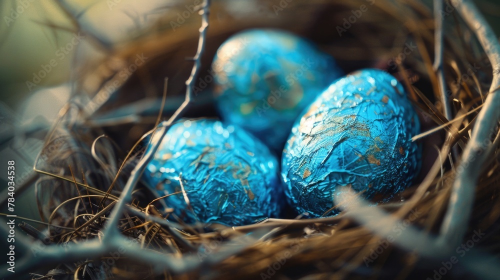 Poster Three blue chocolate eggs in a nest on a table. Suitable for Easter or spring themed designs