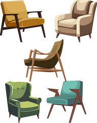 vector illustration, soft old chair, Stylish  flat karton style comfortable armchair. Part of the interior of a living room or office. Isolated,set