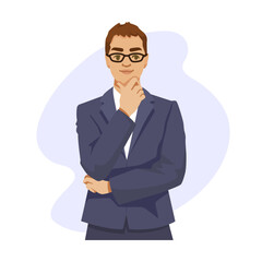 Young businessman in thoughtful pose, cartoon style, on plain background, concept of professional contemplation, Vector illustration. Vector illustration
