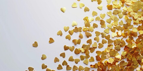A bunch of gold hearts scattered on a white surface. Perfect for love and Valentine's Day concepts