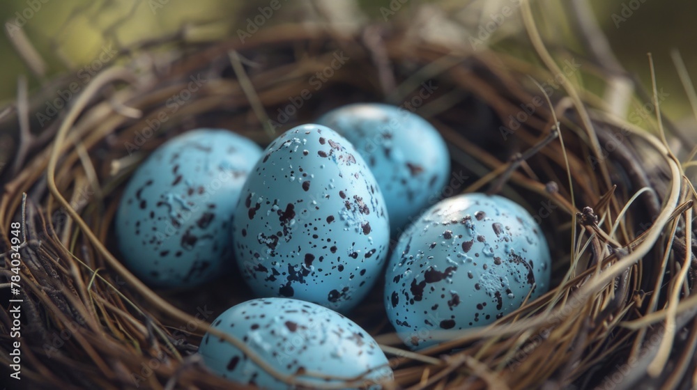 Poster A nest filled with blue speckled eggs, perfect for spring or Easter themes