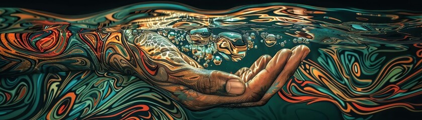 Water and continents under the hands shadow, a reminder of the fragility of our planet, seen in closeup - obrazy, fototapety, plakaty