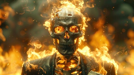 illustration of a skeleton in a business suit with a cash in hand burning - obrazy, fototapety, plakaty
