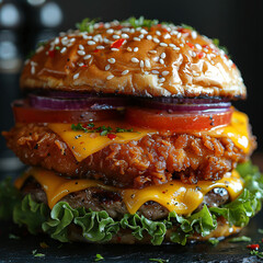 Fried crispy chicken burger with cheddar cheese