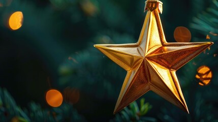 A festive gold star ornament hanging from a Christmas tree. Perfect for holiday decorations