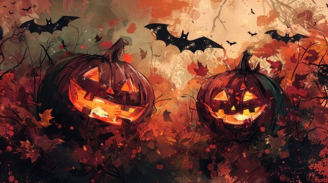 Two pumpkins with bats in the background. Perfect for Halloween decorations