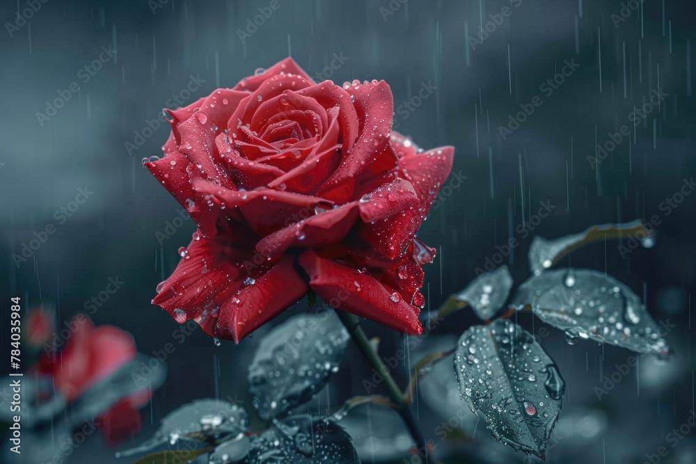 Poster close-up of a vibrant red rose covered in sparkling water droplets. perfect for romantic themes and 