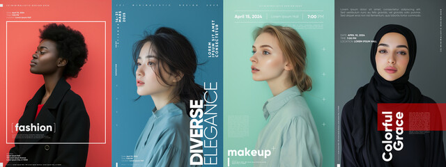 A vibrant poster series showcasing women from diverse backgrounds, each framed with unique typography that captures their essence.