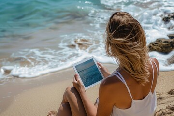 Woman sitting on the beach using a tablet, perfect for technology and travel concepts