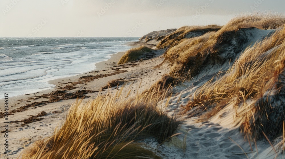 Poster a scenic view of a beach with sand dunes and grass. perfect for travel and nature concepts