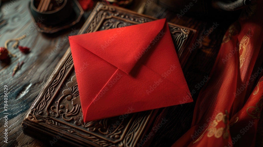 Poster a red envelope placed on a wooden table, suitable for various occasions
