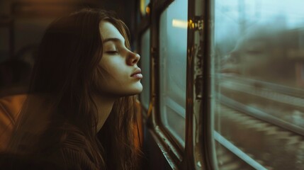 A woman looking out a train window. Suitable for travel concept