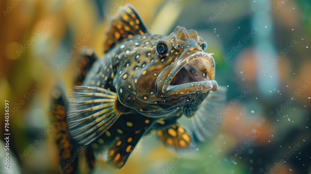 Poster close up of a fish with its mouth wide open, suitable for various aquatic themes