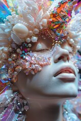 Close up of a mannequin with a butterfly on its head. Ideal for fashion or beauty concepts