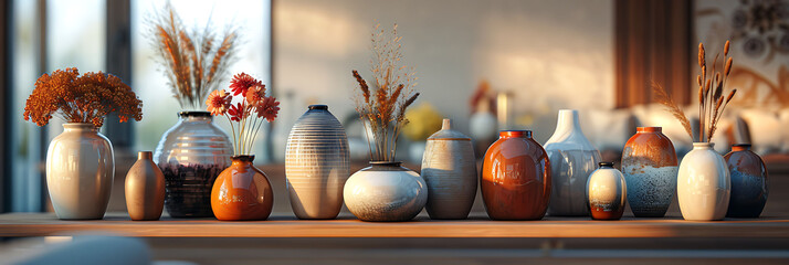 Macro shot of a collection of decorative vases on a mantel in a living room, hyperrealistic photography of modern interior design - obrazy, fototapety, plakaty