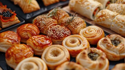 A variety of pastries displayed on trays. Perfect for bakery or dessert concepts